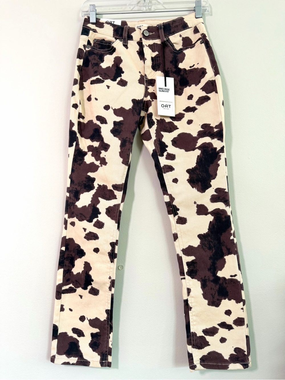 OAT New York Cow Print Mid Rise Slim Stretch Brown Cream Jeans Womens Size 0/25